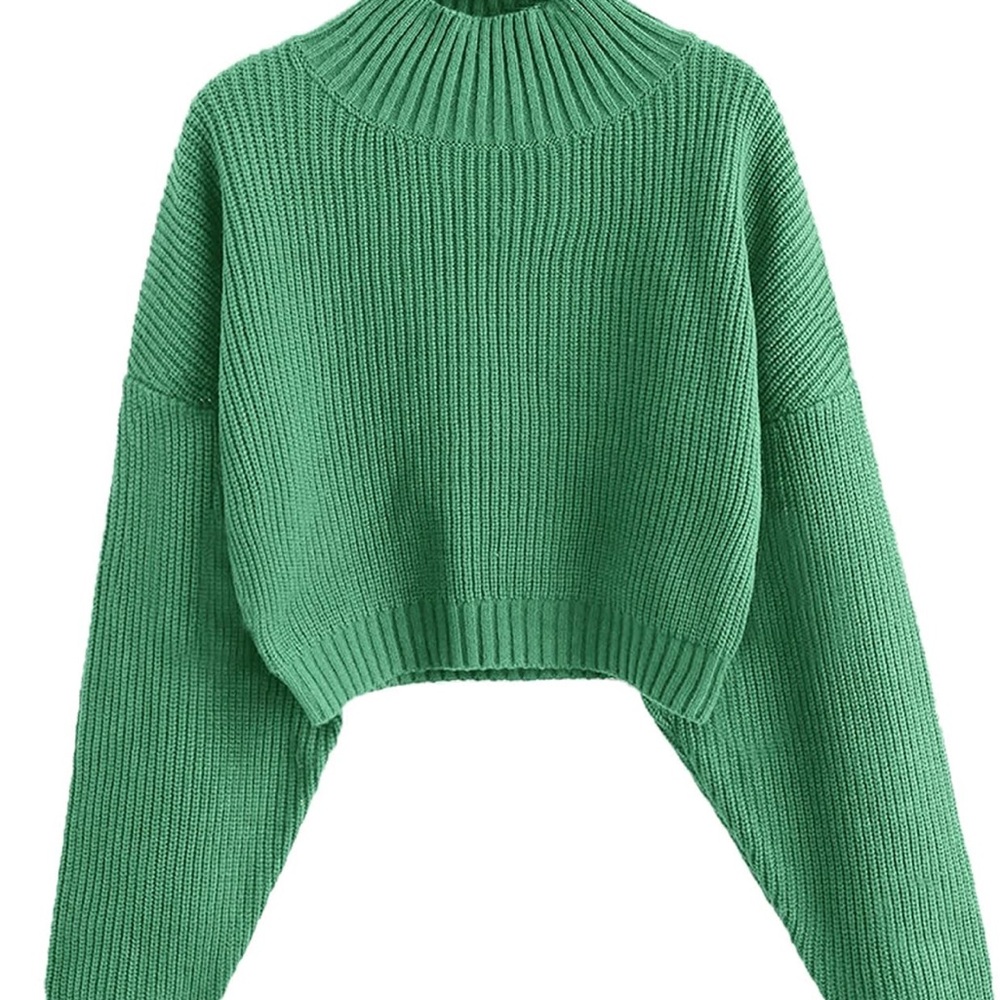 Kelly Green Slightly Cropped Ribbed Turtleneck Sweater